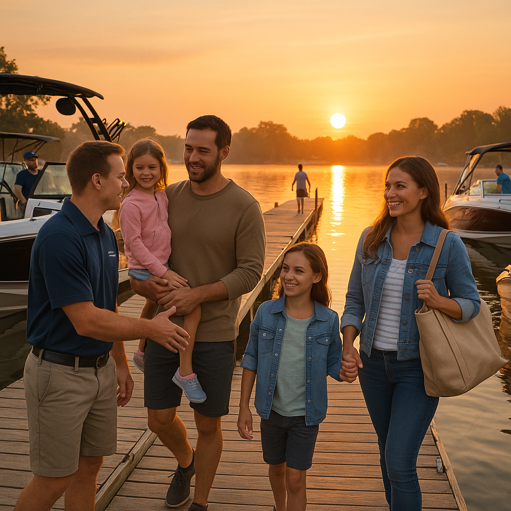 A welcoming marina scene at sunrise, showcasing Je